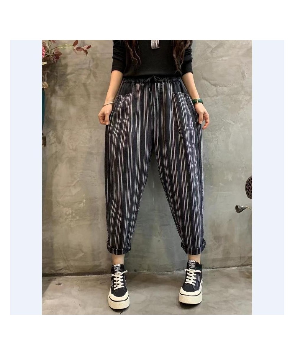 2023 New Spring And Autumn Vintage Color Contrast Striped Denim Ankle-length Pants Women's New Loose Elastic Waist Harem Pant...