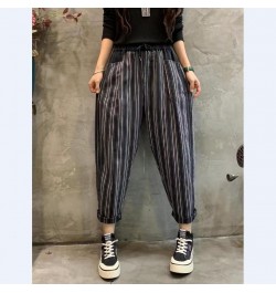 2023 New Spring And Autumn Vintage Color Contrast Striped Denim Ankle-length Pants Women's New Loose Elastic Waist Harem Pant...