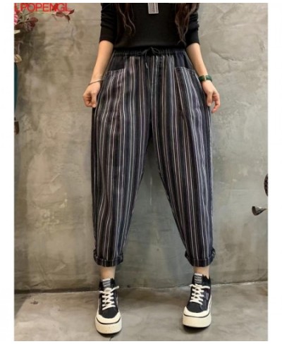 2023 New Spring And Autumn Vintage Color Contrast Striped Denim Ankle-length Pants Women's New Loose Elastic Waist Harem Pant...