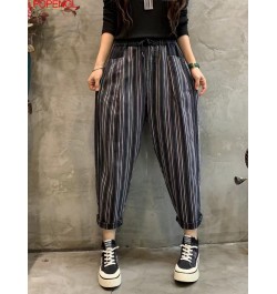 2023 New Spring And Autumn Vintage Color Contrast Striped Denim Ankle-length Pants Women's New Loose Elastic Waist Harem Pant...