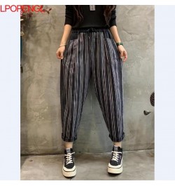 2023 New Spring And Autumn Vintage Color Contrast Striped Denim Ankle-length Pants Women's New Loose Elastic Waist Harem Pant...