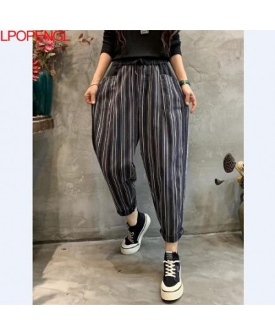 2023 New Spring And Autumn Vintage Color Contrast Striped Denim Ankle-length Pants Women's New Loose Elastic Waist Harem Pant...