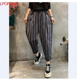 2023 New Spring And Autumn Vintage Color Contrast Striped Denim Ankle-length Pants Women's New Loose Elastic Waist Harem Pant...