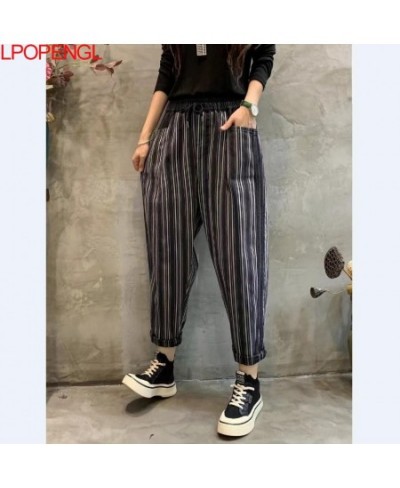 2023 New Spring And Autumn Vintage Color Contrast Striped Denim Ankle-length Pants Women's New Loose Elastic Waist Harem Pant...