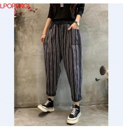 2023 New Spring And Autumn Vintage Color Contrast Striped Denim Ankle-length Pants Women's New Loose Elastic Waist Harem Pant...