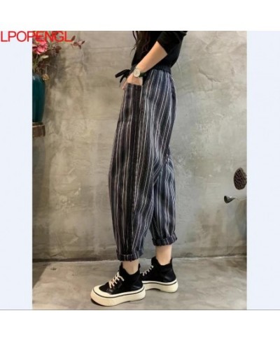 2023 New Spring And Autumn Vintage Color Contrast Striped Denim Ankle-length Pants Women's New Loose Elastic Waist Harem Pant...