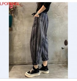 2023 New Spring And Autumn Vintage Color Contrast Striped Denim Ankle-length Pants Women's New Loose Elastic Waist Harem Pant...