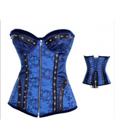 Women Sexy Dark Blue Corset Lingerie Full Steel Bone Front Zipper Corset for Lady $45.24 - Underwear