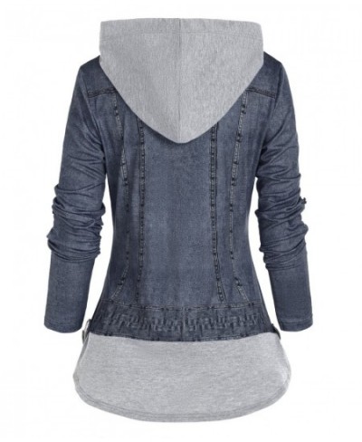 Faux Twinset Hooded T Shirt Denim Jacket 3D Print Twofer Top O Ring Zip Long Sleeve 2-in-1 Tee Female Autumn Casual Pullover ...