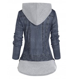 Faux Twinset Hooded T Shirt Denim Jacket 3D Print Twofer Top O Ring Zip Long Sleeve 2-in-1 Tee Female Autumn Casual Pullover ...