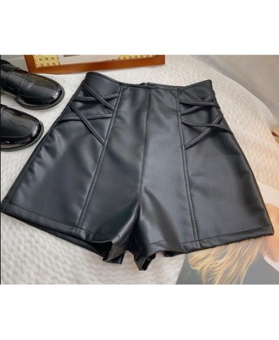 PU Leather Crosse Wide Leg Shorts Women Autumn Winter High Waist Zipper A-line $40.00 - Bottoms