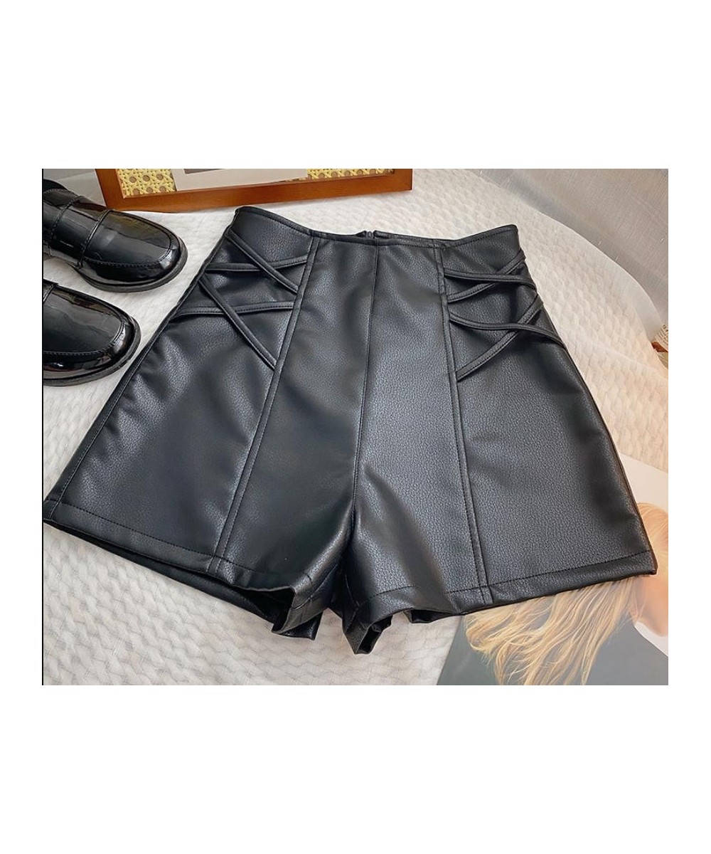 PU Leather Crosse Wide Leg Shorts Women Autumn Winter High Waist Zipper A-line $40.00 - Bottoms