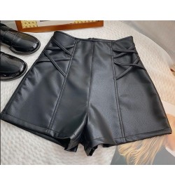 PU Leather Crosse Wide Leg Shorts Women Autumn Winter High Waist Zipper A-line $40.00 - Bottoms