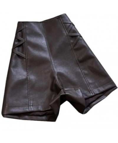 PU Leather Crosse Wide Leg Shorts Women Autumn Winter High Waist Zipper A-line $40.00 - Bottoms