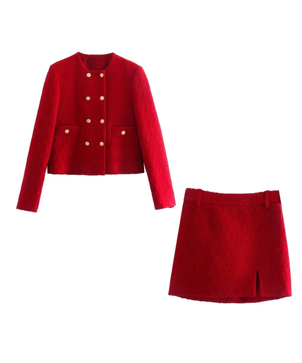 Double Breasted O Neck Short Blazer Skirt Sets Two Pieces Office Ladies Red Winter Thick Cozy Suits Elegant Blazer Top $84.97...