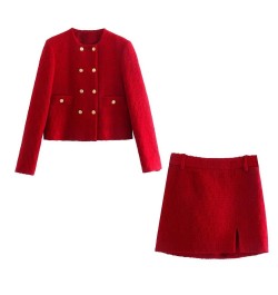 Double Breasted O Neck Short Blazer Skirt Sets Two Pieces Office Ladies Red Winter Thick Cozy Suits Elegant Blazer Top $84.97...