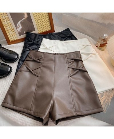 PU Leather Crosse Wide Leg Shorts Women Autumn Winter High Waist Zipper A-line $40.00 - Bottoms