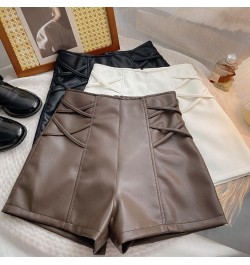 PU Leather Crosse Wide Leg Shorts Women Autumn Winter High Waist Zipper A-line $40.00 - Bottoms