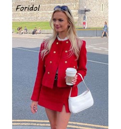 Double Breasted O Neck Short Blazer Skirt Sets Two Pieces Office Ladies Red Winter Thick Cozy Suits Elegant Blazer Top $84.97...