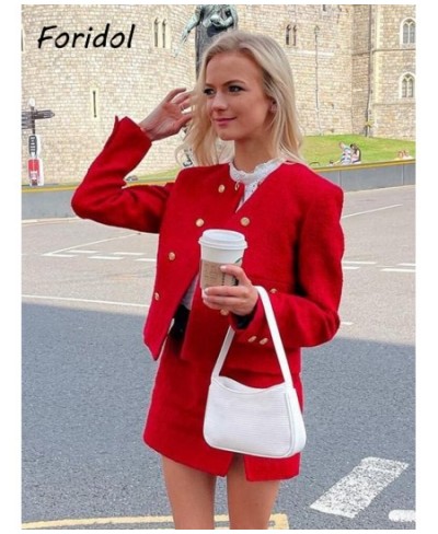 Double Breasted O Neck Short Blazer Skirt Sets Two Pieces Office Ladies Red Winter Thick Cozy Suits Elegant Blazer Top $84.97...