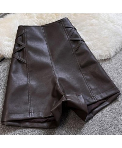 PU Leather Crosse Wide Leg Shorts Women Autumn Winter High Waist Zipper A-line $40.00 - Bottoms