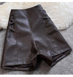 PU Leather Crosse Wide Leg Shorts Women Autumn Winter High Waist Zipper A-line $40.00 - Bottoms