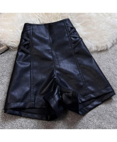 PU Leather Crosse Wide Leg Shorts Women Autumn Winter High Waist Zipper A-line $40.00 - Bottoms