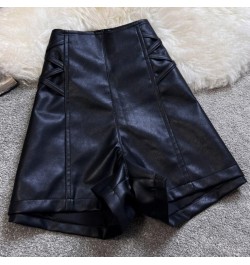 PU Leather Crosse Wide Leg Shorts Women Autumn Winter High Waist Zipper A-line $40.00 - Bottoms