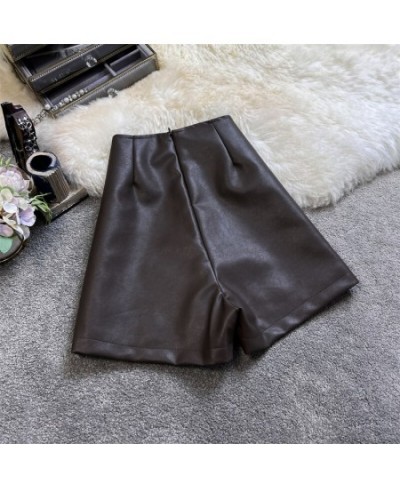 PU Leather Crosse Wide Leg Shorts Women Autumn Winter High Waist Zipper A-line $40.00 - Bottoms