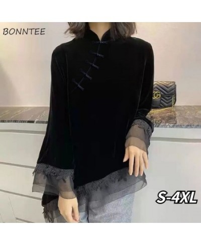 Popular Blouses Women Chinese Style Vintage Stand Collar Aesthetic Retro Patchwork Female Blusas Long Sleeve Temperament Chic...