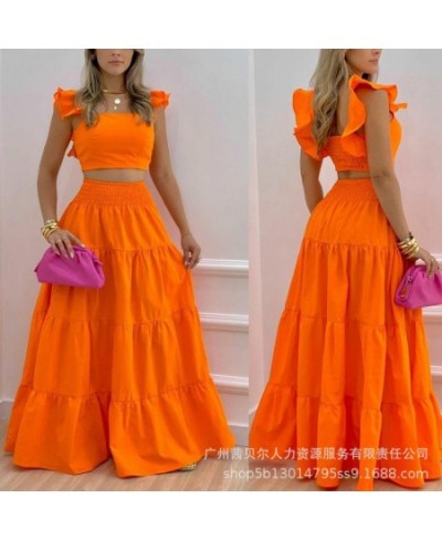 Shirred Crop Top & Maxi Skirt Set Summer Ruffled Suspenders Pleated Back Long Skirts Two Piece Set Women 2023 Matching Sets $...