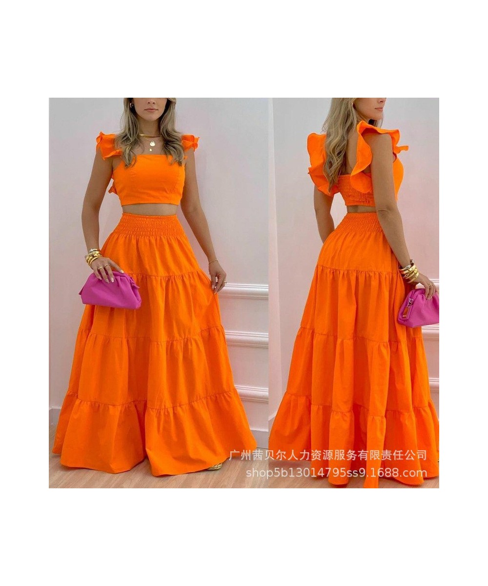 Shirred Crop Top & Maxi Skirt Set Summer Ruffled Suspenders Pleated Back Long Skirts Two Piece Set Women 2023 Matching Sets $...