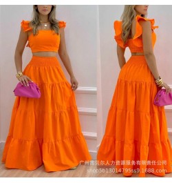 Shirred Crop Top & Maxi Skirt Set Summer Ruffled Suspenders Pleated Back Long Skirts Two Piece Set Women 2023 Matching Sets $...