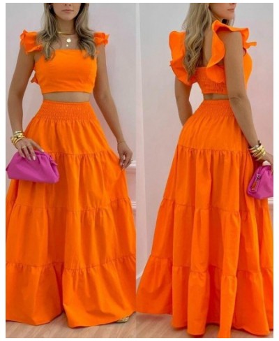 Shirred Crop Top & Maxi Skirt Set Summer Ruffled Suspenders Pleated Back Long Skirts Two Piece Set Women 2023 Matching Sets $...