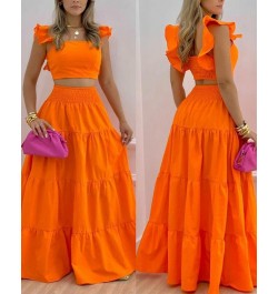 Shirred Crop Top & Maxi Skirt Set Summer Ruffled Suspenders Pleated Back Long Skirts Two Piece Set Women 2023 Matching Sets $...