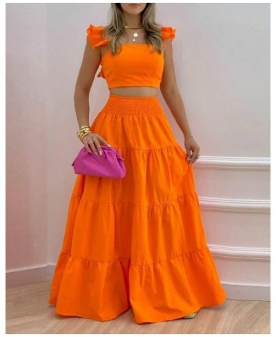 Shirred Crop Top & Maxi Skirt Set Summer Ruffled Suspenders Pleated Back Long Skirts Two Piece Set Women 2023 Matching Sets $...