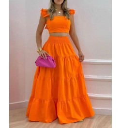 Shirred Crop Top & Maxi Skirt Set Summer Ruffled Suspenders Pleated Back Long Skirts Two Piece Set Women 2023 Matching Sets $...