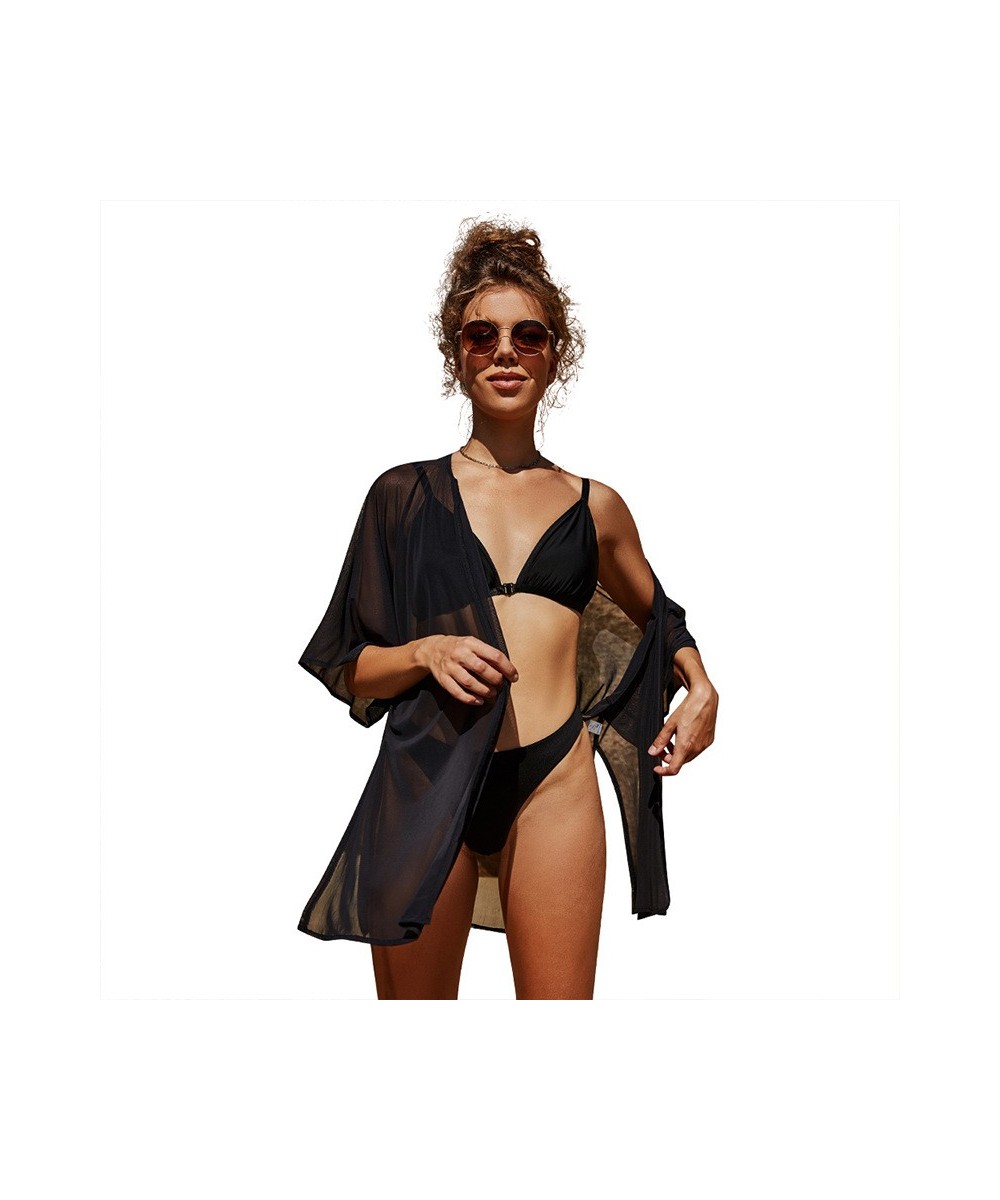 Vamos Todos Beach Cover Up Swimwear Black See Through Mid Sleeve Single Size Women Summer Clothes Sexy Bikini Overall Sarong ...