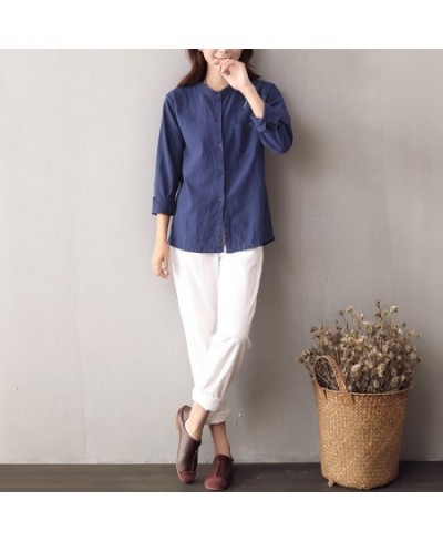 blusas feminina 2023 spring women blouses stand collar shirt blue white ladies tops button chemise femme $49.57 - Blouses & S...