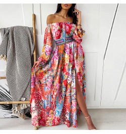 Elegant Print Large Swing Evening Dress 2022 Women Sexy Slash Neck Boho Maxi Dress Ladies New Spring Summer Fashion Party Dre...