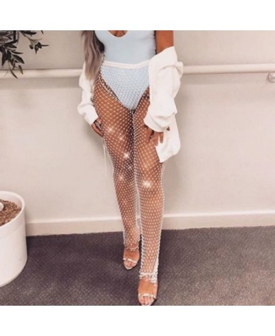 Crystal Diamond Mesh Pants Women Sexy Summer Hollow Out Transparent Loose Long Fishnet Pants Trousers $34.54 - Pants & Capris