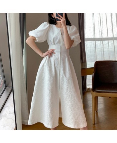 Vintage French Holiday White Dress Short Puff Sleeves Zipper Front A Line Slim Dress Vestidos Elegant Party Dress Summer 2023...