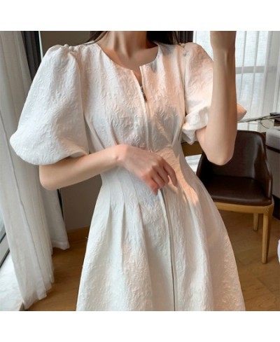 Vintage French Holiday White Dress Short Puff Sleeves Zipper Front A Line Slim Dress Vestidos Elegant Party Dress Summer 2023...