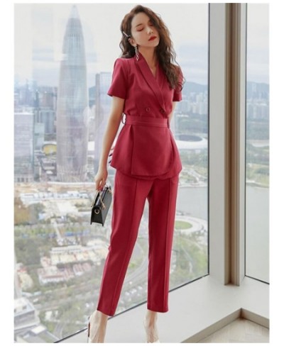 2 Piece Set Summer Short Sleeve Blazer Pants Suit Red Women Office Outfit $74.66 - Suits & Sets