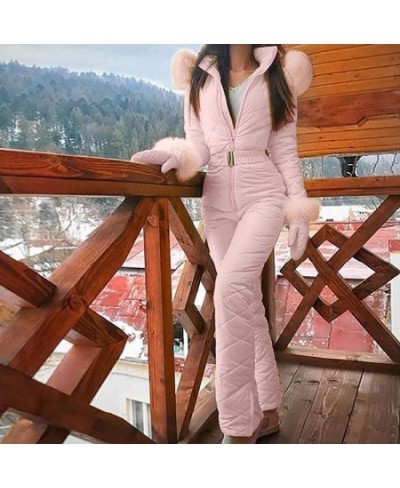 Women Jumpsuit Ski Suit With Gloves Winter Fashion Casual Hooded Fur Collar Skisuit Outdoor Thick Water-Proof Zipper Bodysuit...