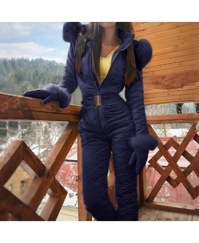 Women Jumpsuit Ski Suit With Gloves Winter Fashion Casual Hooded Fur Collar Skisuit Outdoor Thick Water-Proof Zipper Bodysuit...