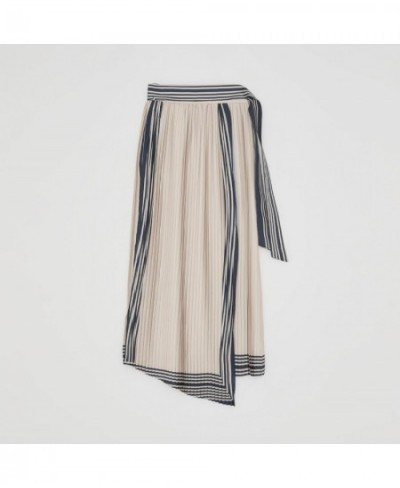 French Vintage Pleated Skirt Women's Irregular Side Lace-Up Midi Jupe Lady 2023 New Contrast Color Striped Robe $87.08 - Skirts