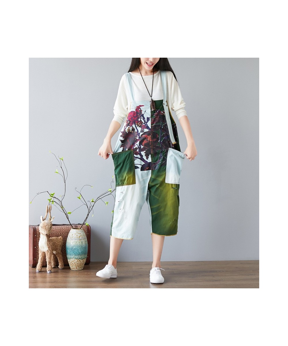 Women Printed Summer Light Print Patchwork Jumpsuits Overalls Pants Ladies Vintage Ripped Holes Rompers Trousers Female Print...