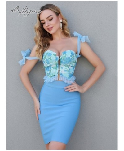 Bandage Dress Set Women Sexy Two Piece Skirt Set 2022 New Summer Bodysuit and Floral Bow Crop Top Set for Club Party $75.04 -...