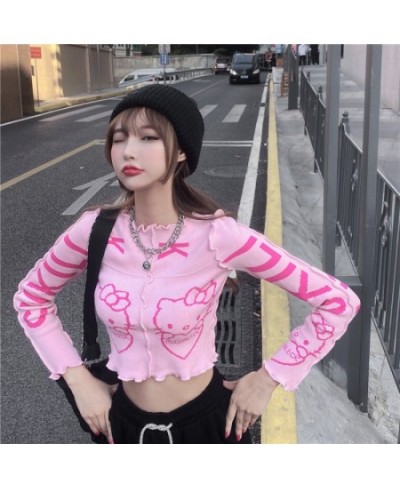 Pink Cropped Womens Autumn Winter Sweaters 20231 The New Fashion Printing Ruffle Pullover $26.28 - Sweaters